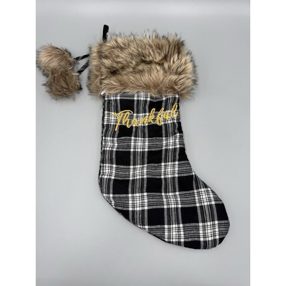 Christmas Stocking With Faux Fur Black & White Plaid "Thankful"